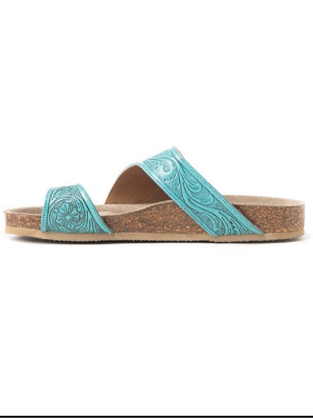 Myra Bag Turquoise Tooled Leather Slide Sandals - Picture 3 of 4